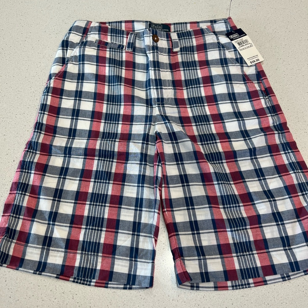 Size 12 Ralph Lauren Plaid Shorts. Front Watch Pocket & Back Pockets w Flap.